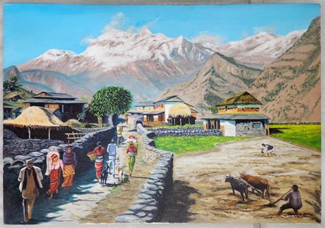 Nepali village Lifestyle oil Colour Painting , Nepali Art | Price: US ...