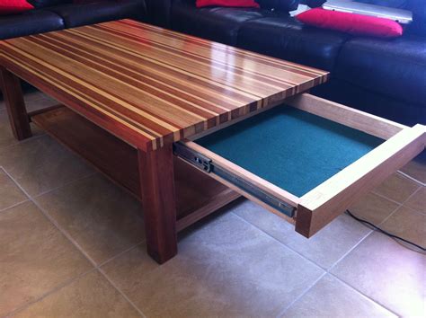 By Redditor davidfrancis585 – coffee table with multi-wood table top and felt-lined sliding ...