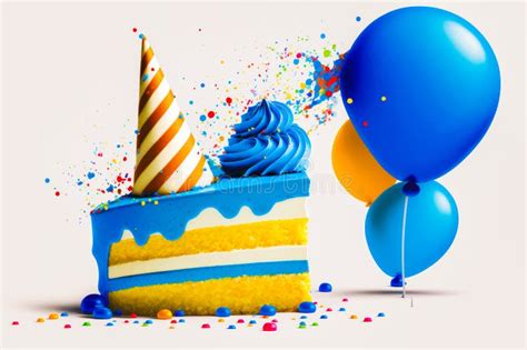 Birthday Cake with Blue Icing and Balloons Generative AI Stock ...