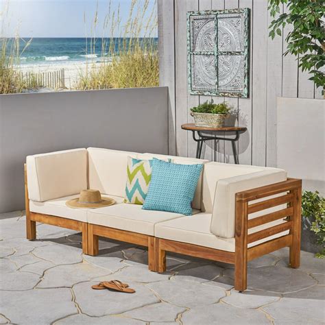 Frankie Outdoor Acacia Wood Sectional Sofa with Cushions, Teak, Beige ...