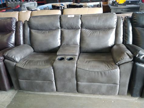 GREY LEATHER RECLINING SOFA WITH CENTER CONSOLE