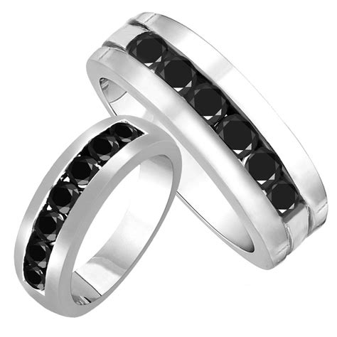 His and Hers Wedding Bands, Unique Black Diamond Matching Rings, Couple ...