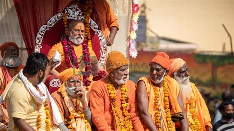 Indian sadhus coming to Kumbh Mela, Royal welcome. Sadhus sitting ...