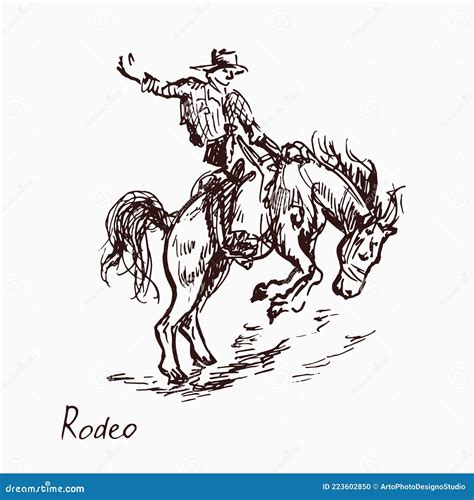 Rodeo, Cowboy on Horse, Woodcutstyle Ink Drawing Illustration Stock ...