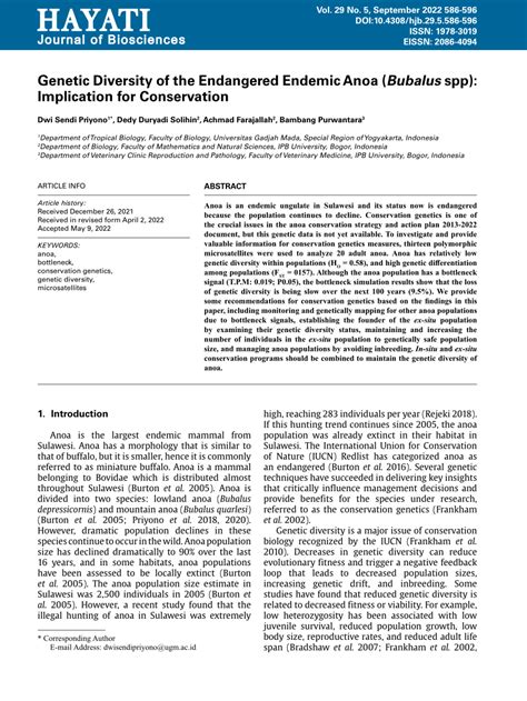 (PDF) Genetic Diversity of the Endangered Endemic Anoa (Bubalus spp): Implication for Conservation