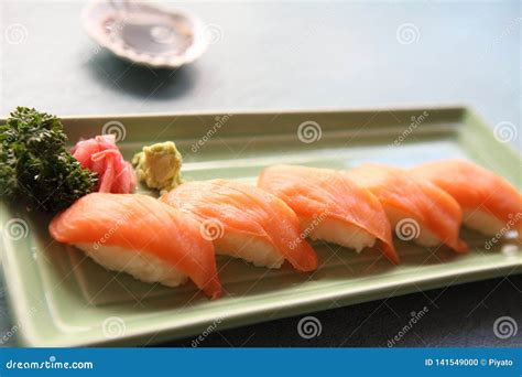 Salmon Sushi stock photo. Image of lunch, dinner, east - 141549000