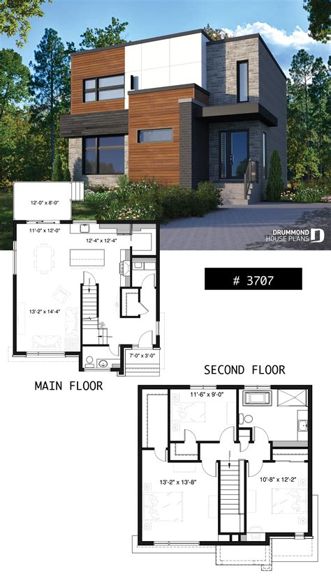 Two-storey modern cubic house plan with pantry, laundry room, kitchen island, 3 … | Modern house ...