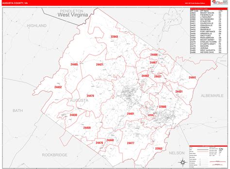 Augusta County, VA Zip Code Wall Map Red Line Style by MarketMAPS ...