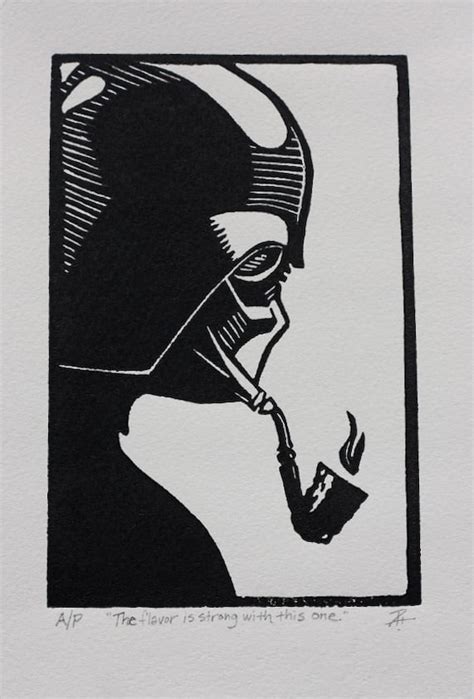 Darth Vader smoking a pipe linocut