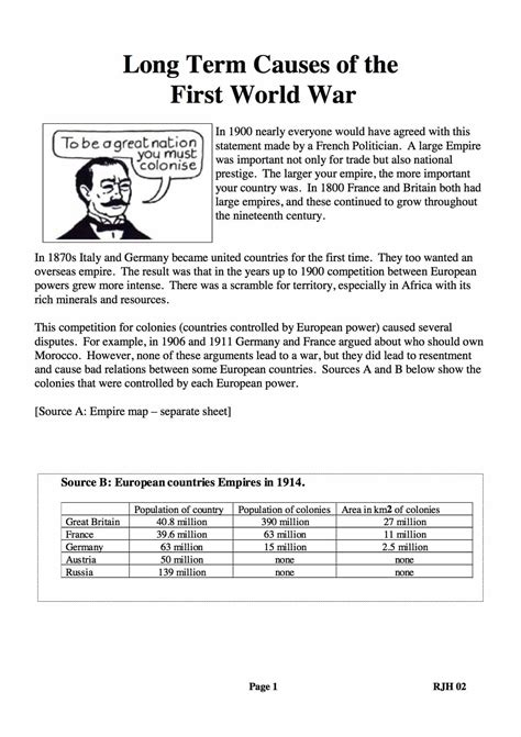 Main Causes Of Ww1 Worksheet