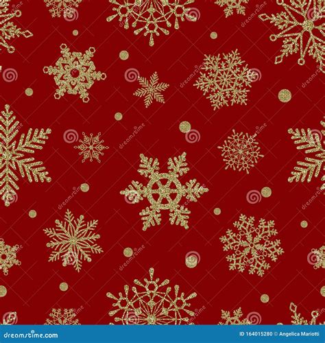 Seamless Christmas Pattern with Gold Glitter Snowflakes on Red Background Stock Photo ...