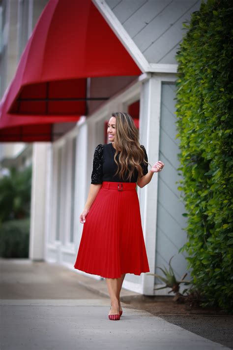 Classy Holiday Outfit: Red Pleated Midi Skirt + Sequin Puff Sleeve Top ...