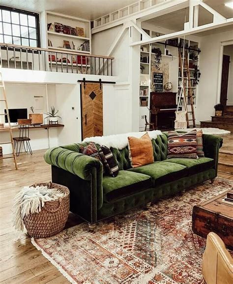 A Vintage Industrial Barn Home With A Beautiful Green Velvet Sofa - The ...