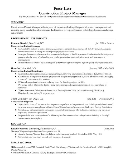 Construction Project Manager Resume Examples for 2024 | Resume Worded