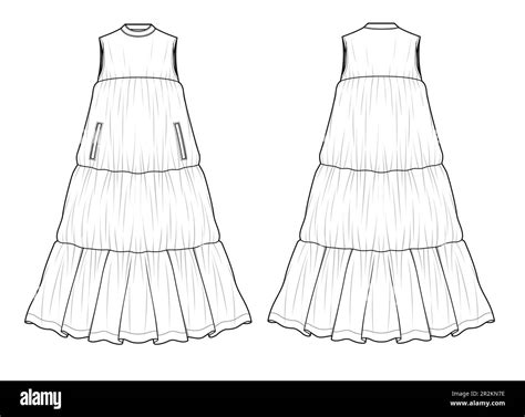 Sleeveless maxi dress front and back view technical flat drawing vector ...