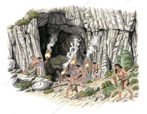 Palaeolithic humans and bears, artwork - Stock Image - C016/8284 - Science Photo Library