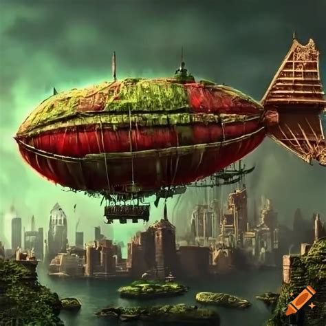 Steampunk city with moss-covered airship on Craiyon