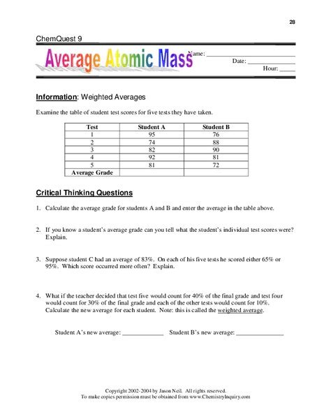 Average Atomic Mass Worksheet for 9th - 12th Grade | Lesson Planet