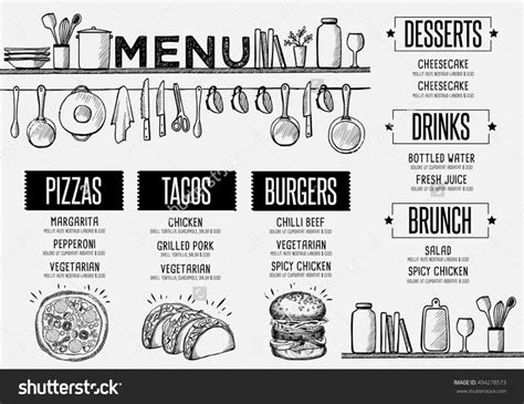 a menu for a restaurant with hand drawn food and drinks on the table, black and white