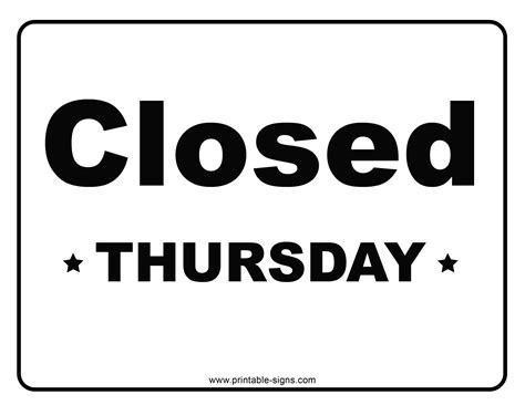 Closed Thursday Printable Sign - Printable Signs