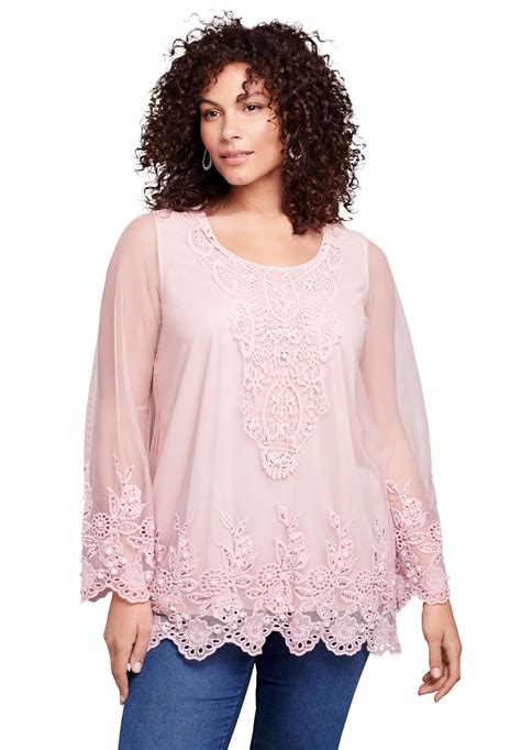 Roaman's - Roaman's Women's Plus Size Mesh Embellished Tunic Pearl ...