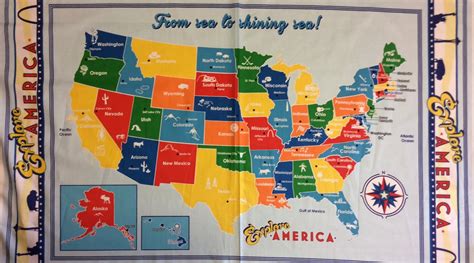 USA Map Explore America 50 States Capitals USA Map Travel Quilting Cotton Quilt Fabric PANEL ...