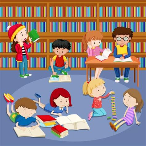 Many kids reading books in library 300516 Vector Art at Vecteezy