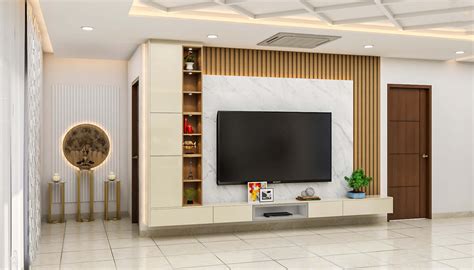 Contemporary TV Unit Design With Marble Panel And Wooden Rafters | Livspace