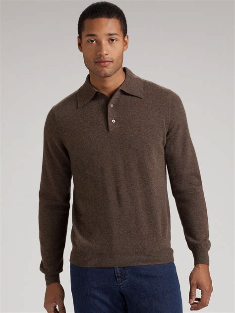 Saks fifth avenue Cashmere Polo Sweater in Brown for Men | Lyst