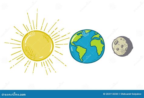 Sun, Earth and Moon Vector Flat Icon Set. Sketch, Doodle , Isolated on White Stock Vector ...