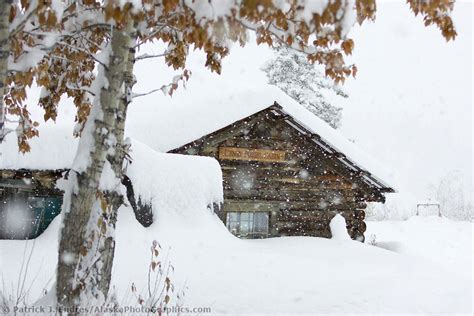 Log cabin in falling snow | AlaskaPhotoGraphics.com