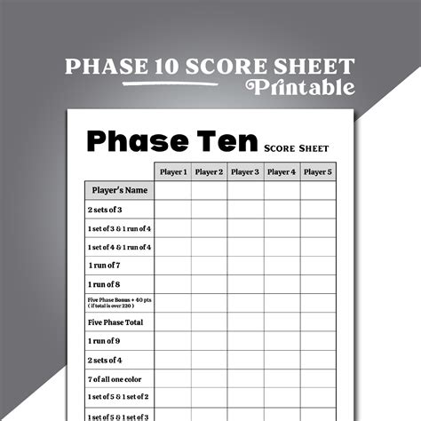 Phase 10 Card Game Score Sheet, Phase 10 Score Sheet, Phase 10 Score Keeper, Phase 10 Score Card ...