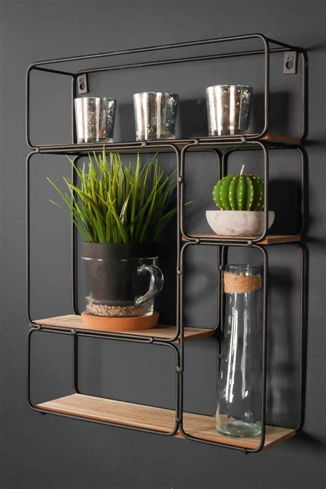 Retro Industrial Style Black Metal Wall Unit with Wooden Shelves Stora ...