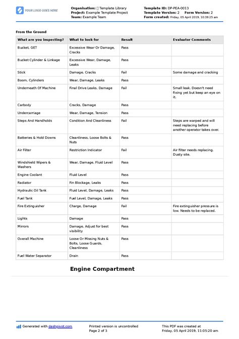 Excavator Maintenance Checklist template (Daily, weekly, service etc.)