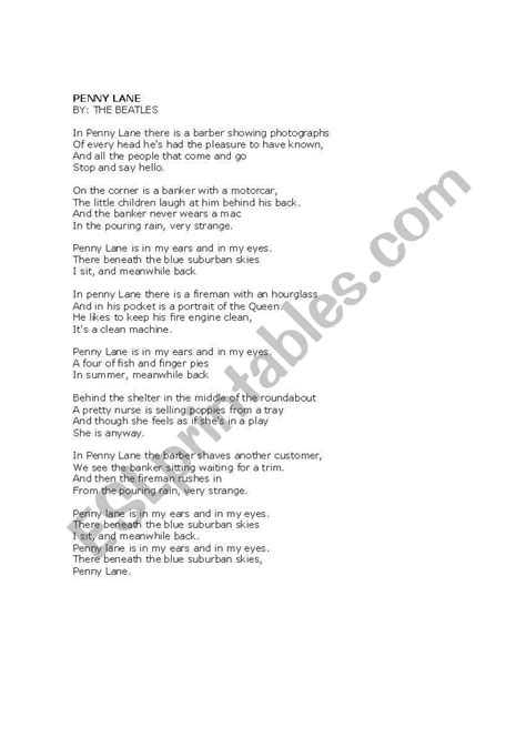 Song: Penny Lane, by The Beatles - ESL worksheet by egvlmexico