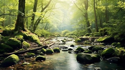 Premium AI Image | Nature portrayed in tranquil forest scene background