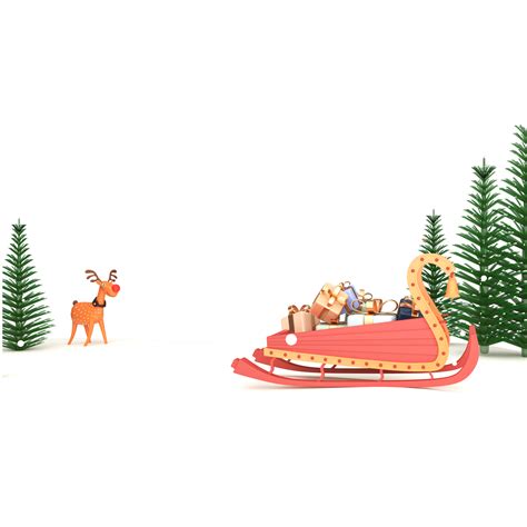 Free 3D Render Sleigh Full Of Gift Boxes With Xmas Trees, Cartoon Rudolph On Snow Falling ...
