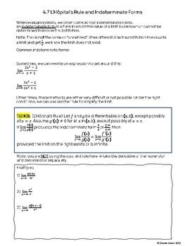 L'Hospital's Rule and Indeterminate Forms Notes Sheet (4.7) - Printable