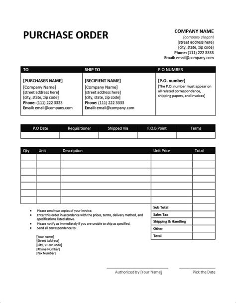 Microsoft Word Purchase Order Template