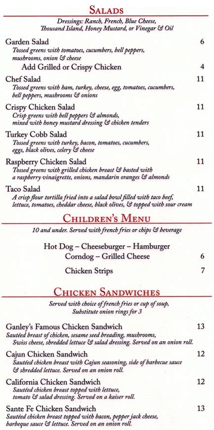 Ganley's Restaurant Lunch Menu