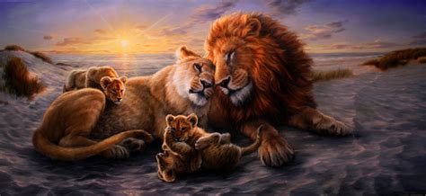 Lion Family Painting, Original Wall Art, Realistic Painting With Wild Animals, Wildlife Art ...