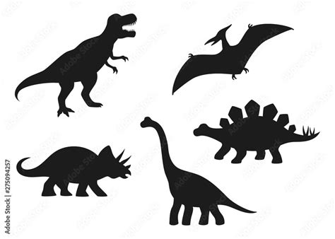 Dinosaur vector silhouettes - T-rex, Brachiosaurus, Pterodactyl, Triceratops, Stegosaurus. Cute ...