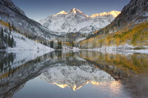 Reflections of Snow-covered Mountains and Golden Aspen Trees in a Lake Photographic Print by ...