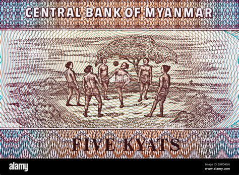 Chinlone cane ball game from Myanmar money - kyat Stock Photo - Alamy