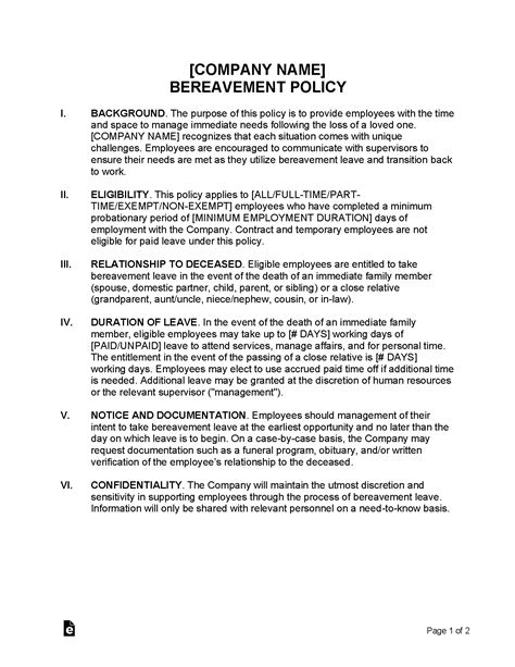 Free Bereavement Policy - PDF | Word – eForms