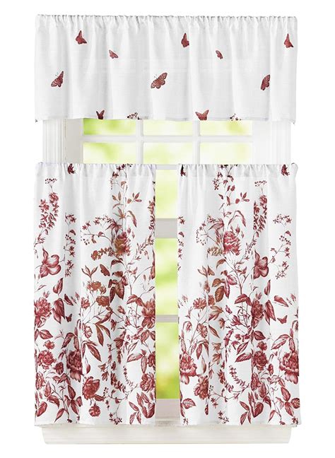 Bathroom and More 3 Piece Window Curtain Set Floral Design, One Valance, Two Tiers (Burgundy, 24 ...