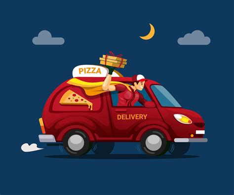 Pizza delivery service shipping to customer in night scene concept cartoon illustration vector ...