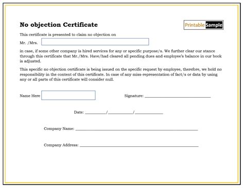 No Objection Certificate Cargo Template