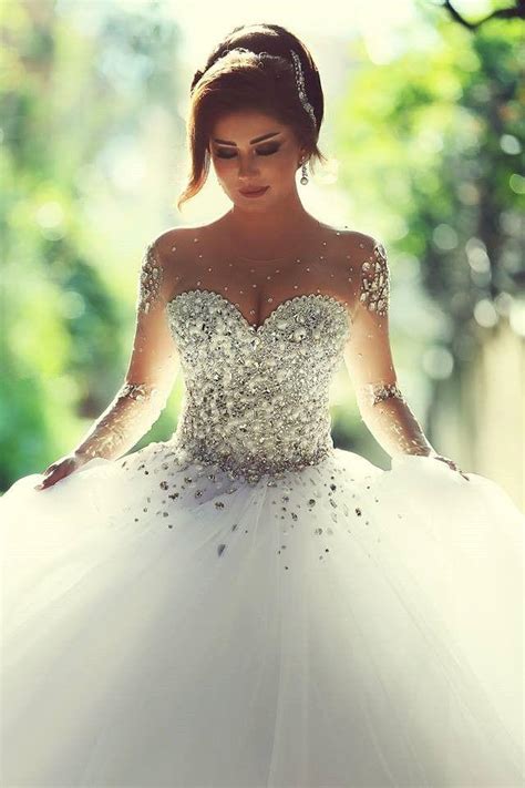 White Wedding Dress With Sheer Long Sleeves Beaded Crystals Wedding Dresses Ball Gown Corset ...