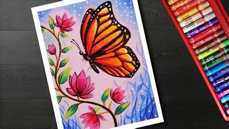 How to draw Easy Butterfly and Flower Scenery drawing and painting | Oil pastel art, Oil pastel ...